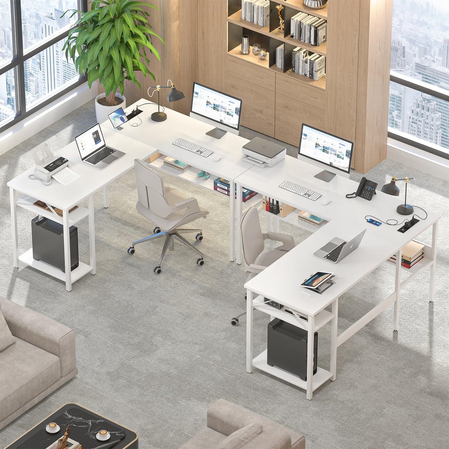 Hyomdeck Reversible L Shaped Gaming Desk with Power Outlets and USB Charging Ports, Sturdy Computer Desks with Storage Shelf, Modern Corner Desk Home Office Table, Easy to Assemble, White