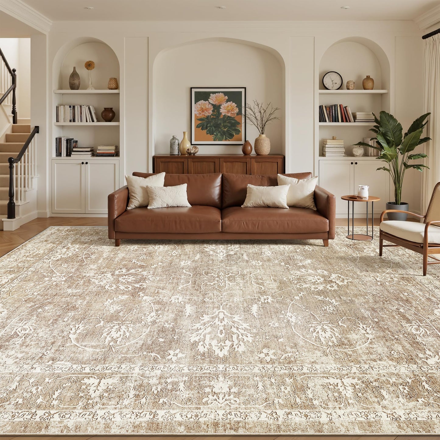 Madane 8x10 Area Rugs for Living Room, Machine Washable Vintage Neutral Rug with Non-Slip Backing, Soft Large Throw Rug, Thin Carpet for Bedroom Dining Room Farmhouse (8 x 10, Beige/Brown)