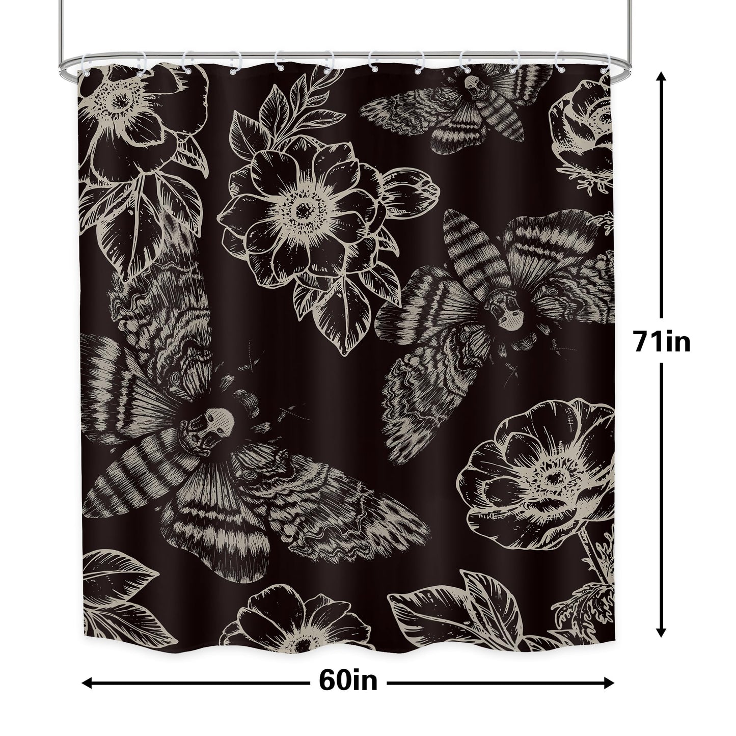 LGhtyro Gothic Skull Moth Halloween Shower Curtain Bathroom Set 60Wx71H Inches Witchy Scary Black Flower Death Head Mysterious Butterflys Bath Accessories Men Art Home Decor Fabric 12 Pack Hooks