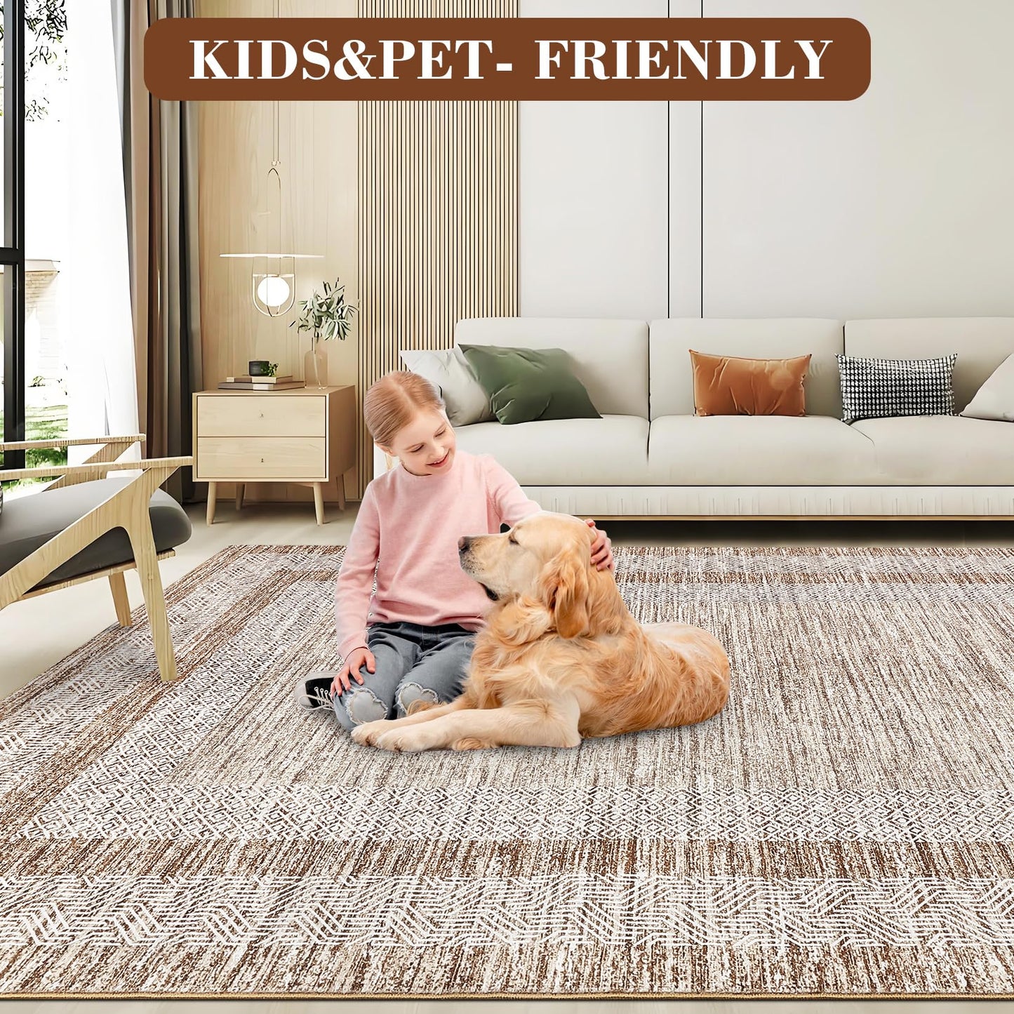 GarveeHome Modern Geometric Area Rug 5x7 Distressed Bordered Rug Washable Non Slip Floor Carpet Non Shedding Thin Rug, Soft Low Pile Rug, Contemporary Brown Rug for Dining Room, Living Room
