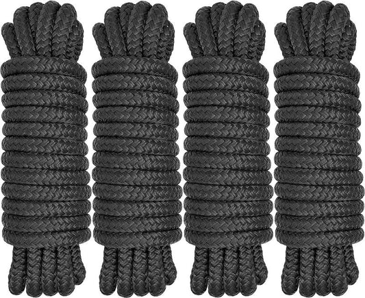 Boat Dock Lines 1/2" x 15' - Double Braided Nylon Boat Ropes for Docking with 12" Loop, Marine-Grade High Strength Boat Lines Dock Rope, Premium Marine Rope Mooring Lines, Easy Handling - 4 Pack,Black