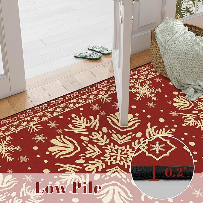 3' X 5' Christmas Area Rugs Snowflake Rug Washable for Indoor Entryway Bedroom Living Room Dorm Laundry Classroom Red Xmas Doormat for Kids Girls Women Floor Mat Pad Carpet