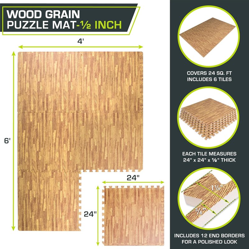 ProsourceFit Wood Grain Puzzle Mat - 6 Interlocking EVA Foam Tiles | 24 SQ FT Light Oak Indoor Flooring