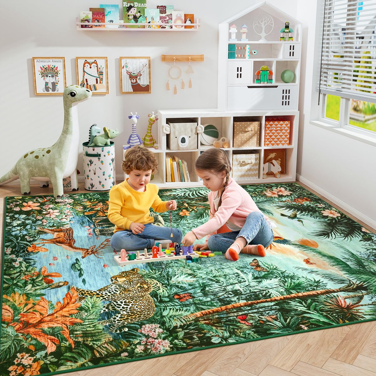 Amearea Jungle Print 5x7 Area Rug for Living Room, Washable Green Rugs for Bedroom, Forest Animal Rug Low Pile Kids Nursery Room Rug, Leopard Rugs Carpet for Boys Girls Playroom Dining Room Decor