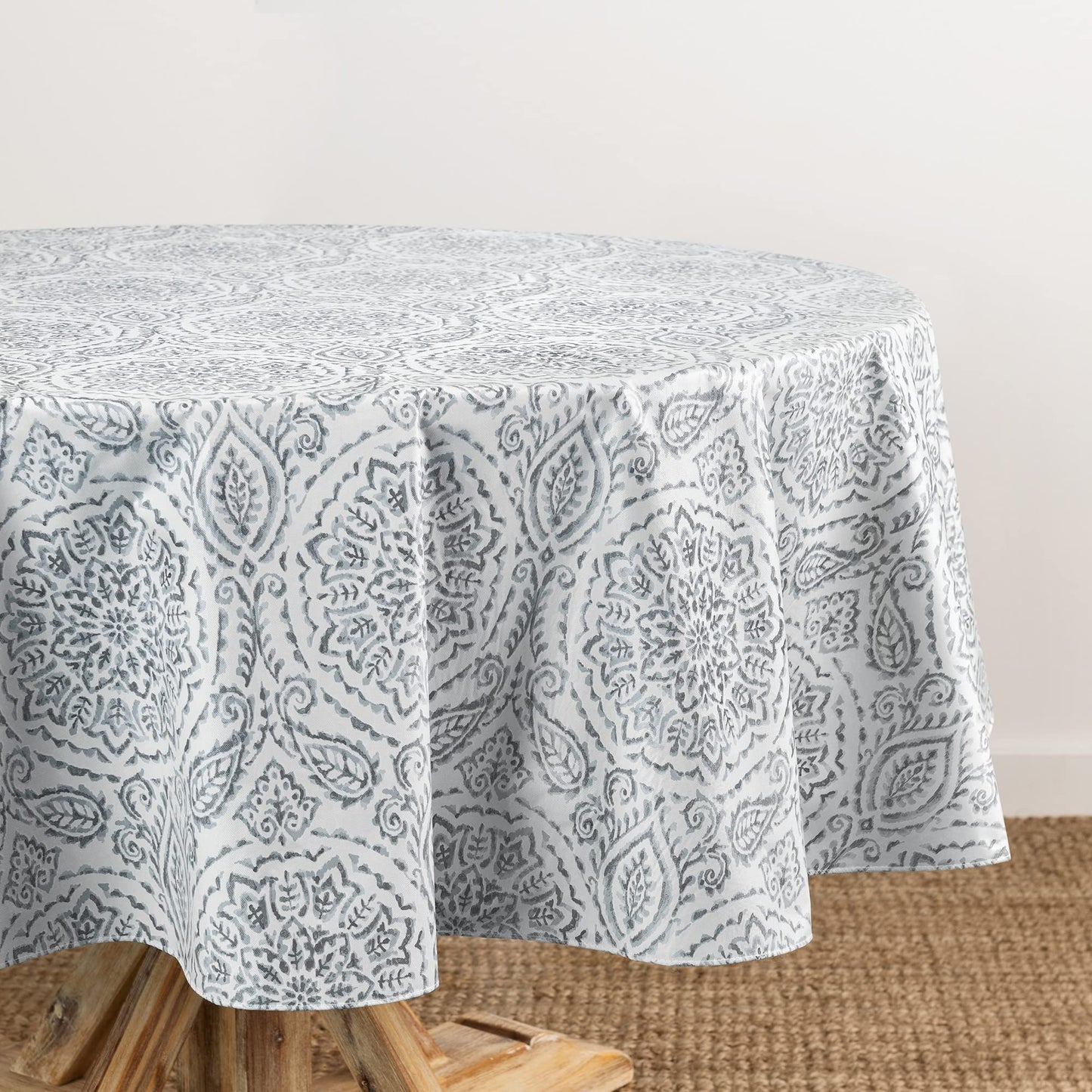 Elrene Home Fashions Savannah Boho Paisley Water- and Stain-Resistant Vinyl Tablecloth with Flannel Backing, 70 Inches X 70 Inches, Round, Gray