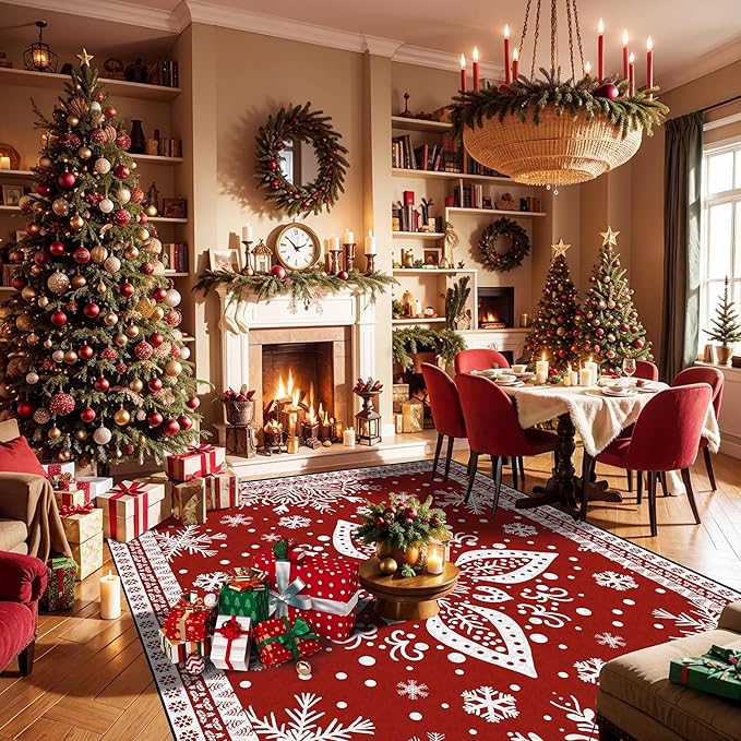 2' X 3' Christmas Area Rug Snowflake Rug Washable Non Slip for Entryway Indoor Front Door Laundry Dorm Bathroom Red Merry Christmas Carpet for Kids Girls Doormat