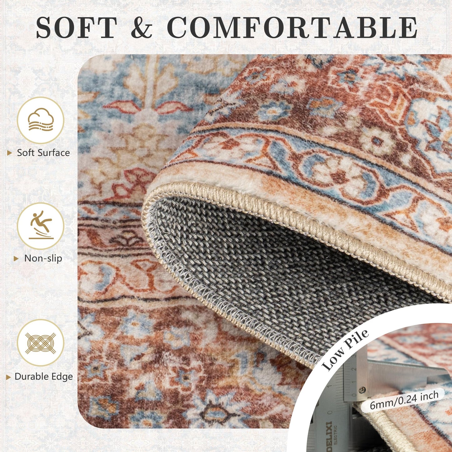 Yarooge 8x10 Area Rugs for Living Room - Washable Vintage Retro Large Rug, Soft Ultra Thin Non Slip Low Pile Traditional Distressed Boho Carpet for Bedroom Dining Room Home Office, Rust Clay
