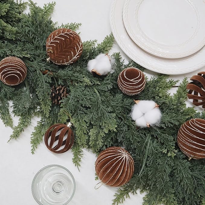 4inch Velvet Ornaments for Christmas Tree, 9PCS Glitter Flocked Christmas Ornaments Decorations Balls Set Decor Brown