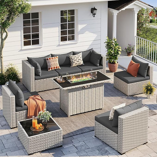 UDPATIO Patio Furniture Set with Fire Pit Table, 8 Pieces Outdoor Sectional Sofa, PE Wicker Patio Conversation Set for Garden, Backyard Black