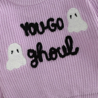 Baby Halloween Sweater Boy Girl Pumpkin Long Sleeve Crewneck Embroidery Knit Sweatshirt Toddler Pullover Tops (Ghoul Purple, 4-5 Years)