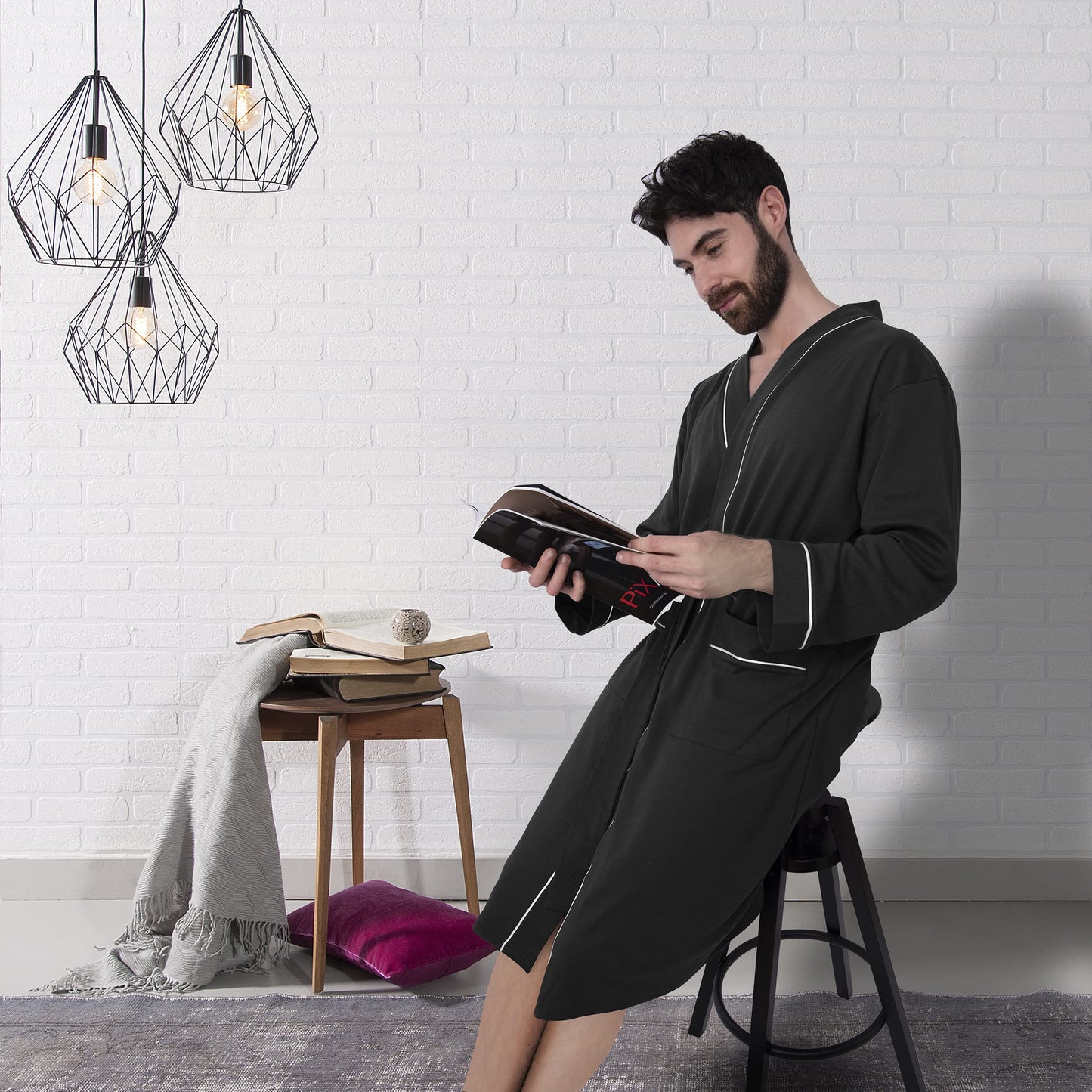 NY Threads Luxurious Men's Knit Robe Cotton Blend Dressing Gown, X-Large, Black