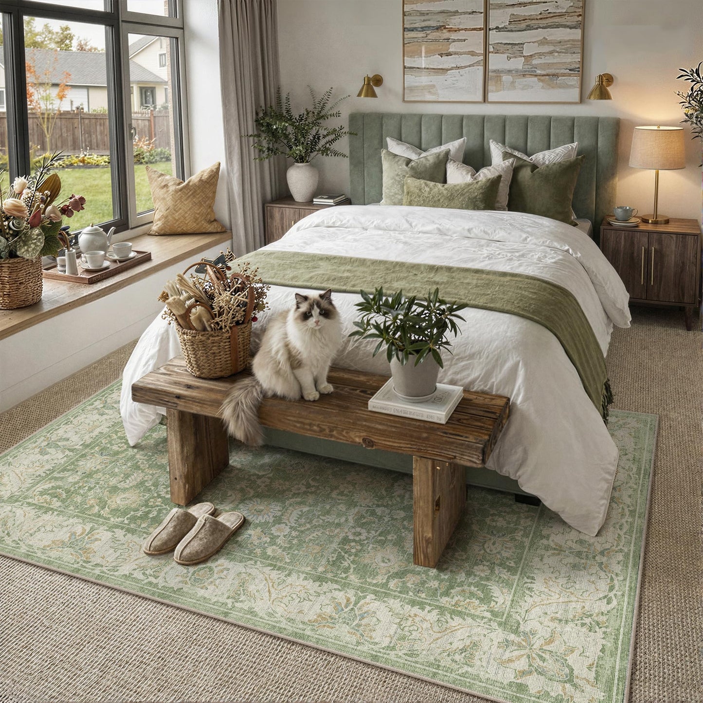 WondRg 6x9 Washable Area Rug for Living Room Bedroom Green Low Pile Non Slip Rug Neutral Distressed Carpet Dining Room Classroom Playroom Home Decor
