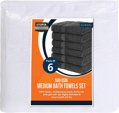 Utopia Towels - 6 Pack Bath Towel Set, 100% Ring Spun Cotton (60 x 120 CM) Medium Lightweight and Highly Absorbent Quick Drying Towels, Premium Towels for Hotel, Spa and Bathroom (White)