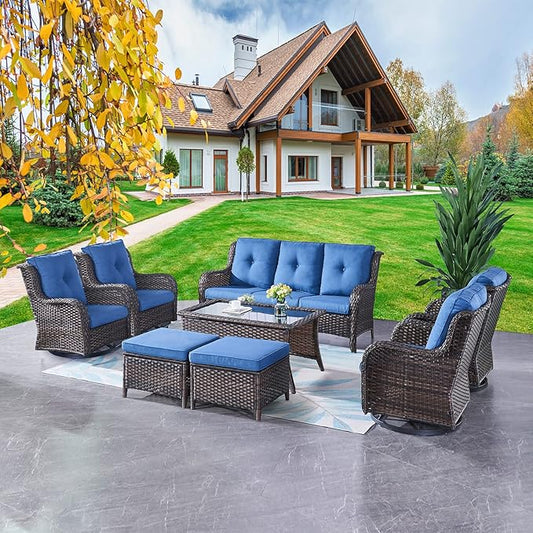 Rilyson Wicker Patio Furniture Set - 8 Piece Rattan Outdoor Sectional Conversation Sets with 4 Swivel Rocking Chairs,2 Ottomans,1 Sofa and 1 Coffee Table for Porch Deck Garden(Brown/Blue)