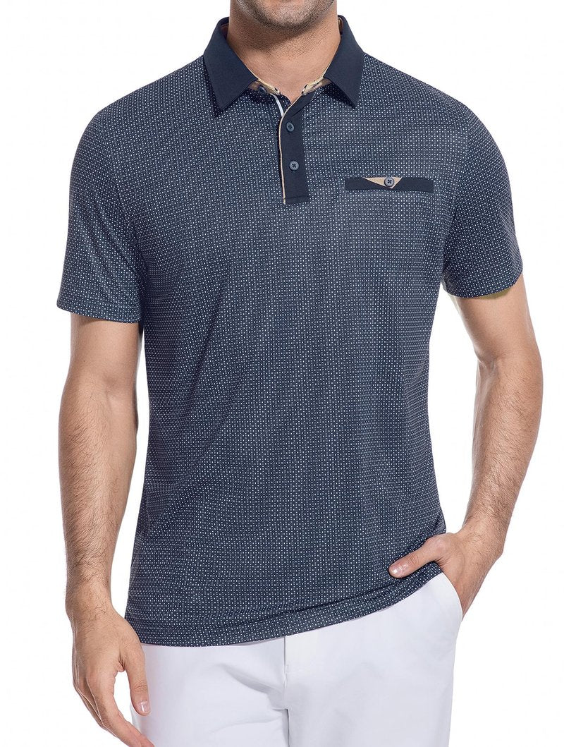 Esabel.C Men's Golf Polo Shirts Print Moisture Wicking Short Sleeve Dry Fit Stretch Polo Shirts for Men Navy Geometry, XL
