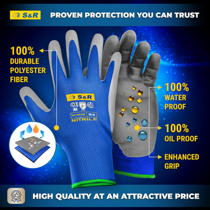 S&R Protective Gloves 12 Pairs with Nitrile Coating in XL/10, Non-Slip Work Gloves for Assembly, Building, Restoration