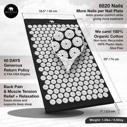 BED OF NAILS The Original Premium Acupressure Mat, 8,820 Acupuncture Pressure Points for Back Pain Relief, Increased Energy, Relaxation, FSA/HSA Eligible, with Drawstring Bag, 29 x 16 x 1, Jet Black