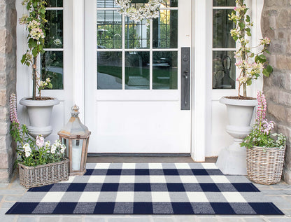 Front Porch Rug 2'X4.3' Blue and White Checkered Outdoor Rug Cotton Woven Washable Halloween Layering Door Mat for Welcome Mat Entryway Bedroom Living Room