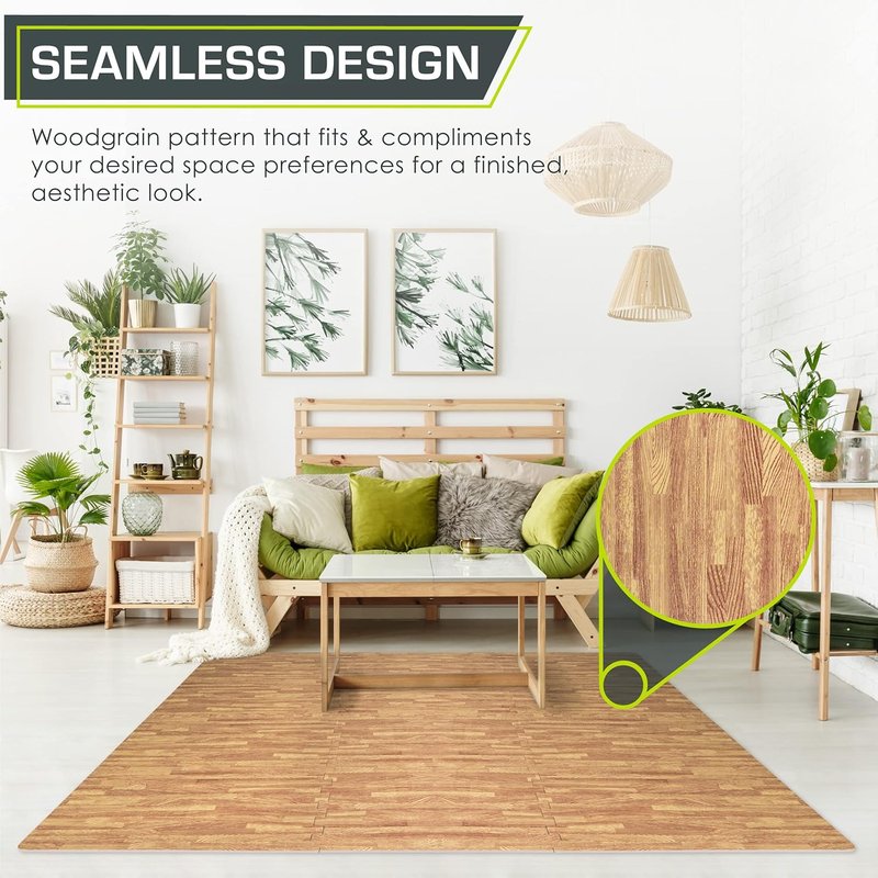 ProsourceFit Wood Grain Puzzle Mat - 6 Interlocking EVA Foam Tiles | 24 SQ FT Light Oak Indoor Flooring