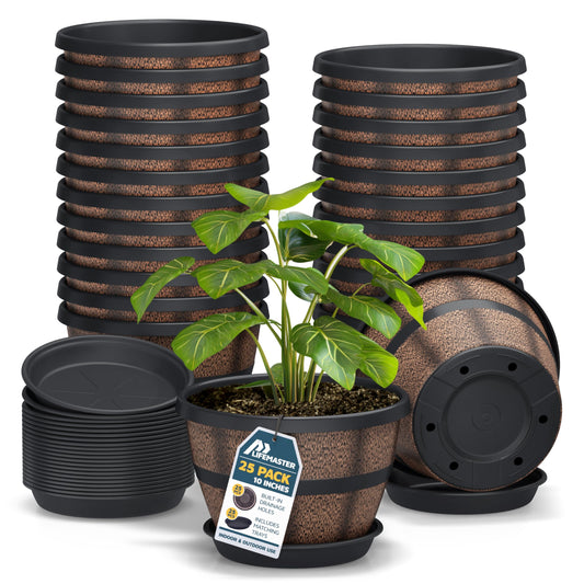 10-Inch Whiskey Barrel Planters Outdoor Pack of 25 - Durable Plastic Plant Pots for Indoor & Outdoor Use with Drainage & Saucer, Lightweight Rustic Barrel Planters for Flowers, Herbs & Small Plants