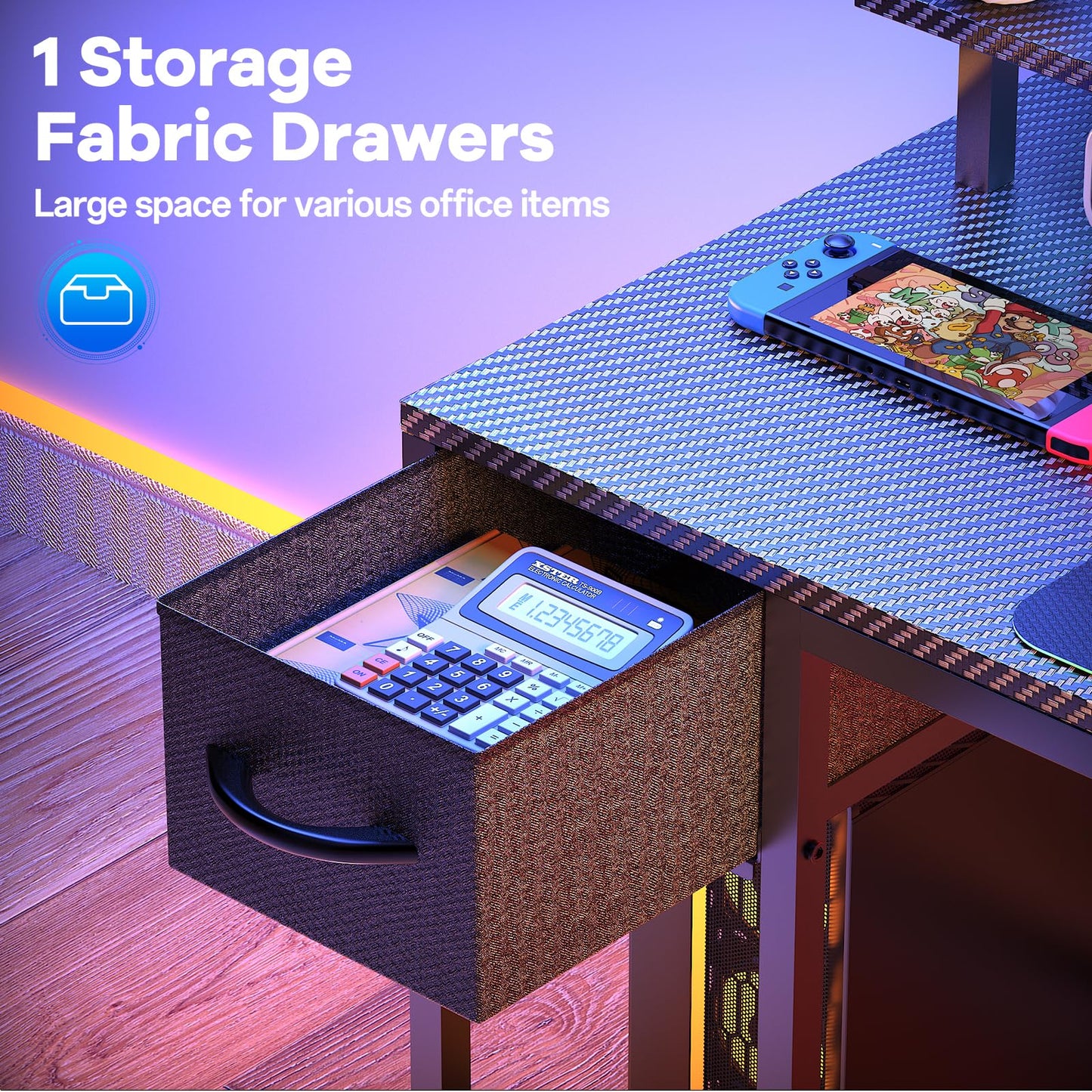 Eivanet 47 inch Gaming Desk with USB Charging Ports and LED Light, Reversible L Shaped Desk, L Shaped Desk with Hook & Monitor Stand, Computer Desk with Drawer and Shelves for Home Office Bedroom