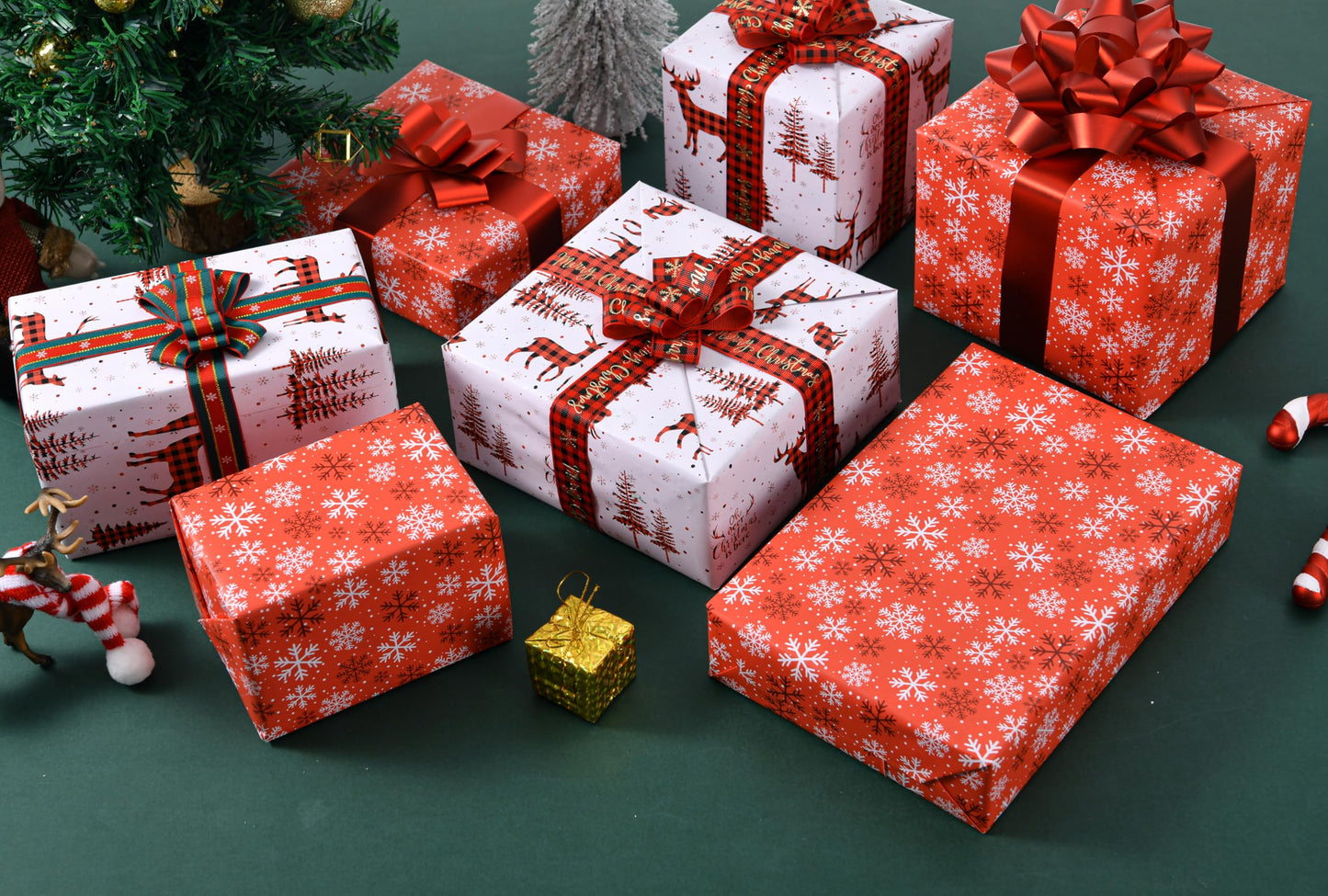 Sikiweiter Christmas Wrapping Paper Rolls -Mini Roll 17 Inch X 33 Feet - Reversible Plaid Reindeer and Snowflake Design Wrapping Paper(Christmas)