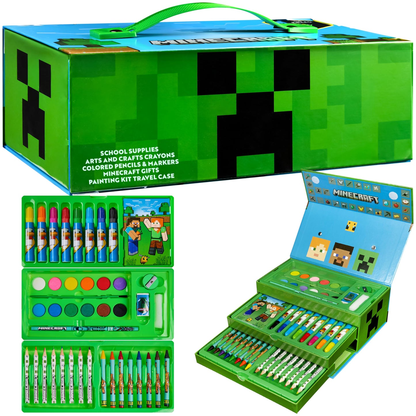 Minecraft Art Supplies Set with Colouring Pencils Felt Tip Pens Watercolour Paints Wax Crayons for Drawing Painting Set Creeper Travel Art Set Gamer Gifts