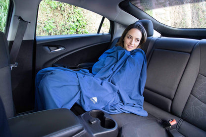 BlueHills Ultra Compact Travel Blanket Pillow in Portable Bag Case with Hand Luggage Belt & Backpack Clip Premium Cozy Soft Compact Pack Large Blanket for Airplane Flight Layover - Navy Blue C001