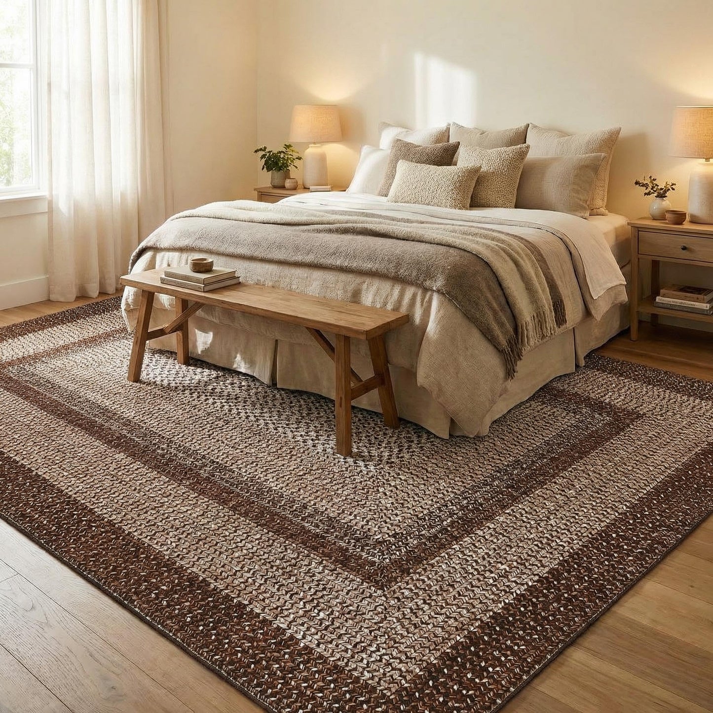 MilleLoom Braided Print Washable Rug 8x10 Area Rugs for Living Room Soft Bedroom Rug Stain-Resistant Rustic Foldable Mat Non Slip Low Pile Farmhouse Carpet for Dining Nursery Cottage Office Brown