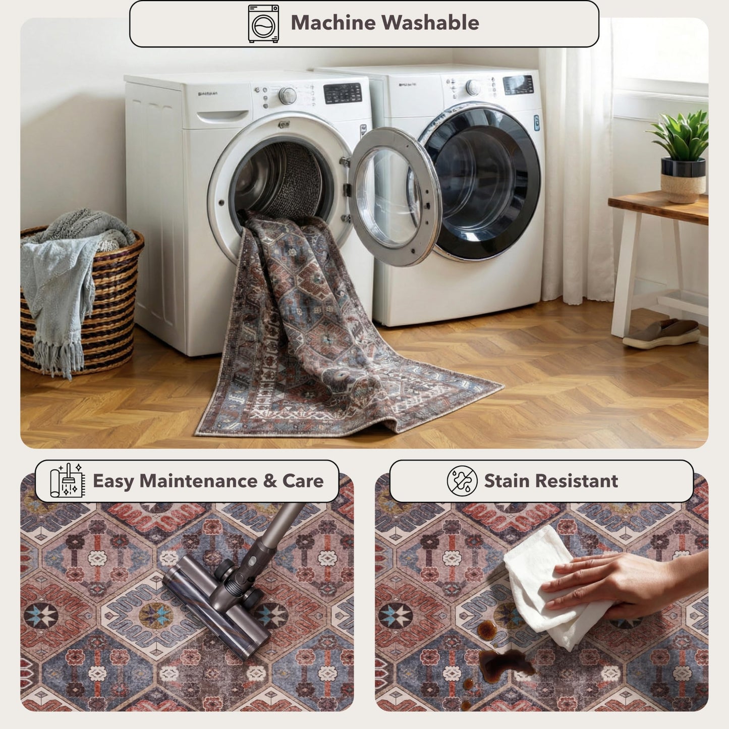 Kuden 6x9 Area Rug, Machine Washable Area Rug with Non-Slip Backing, Vintage Style, Soft, Easy Clean, Low Pile Rug for Living Room, Bedroom, Dining Room