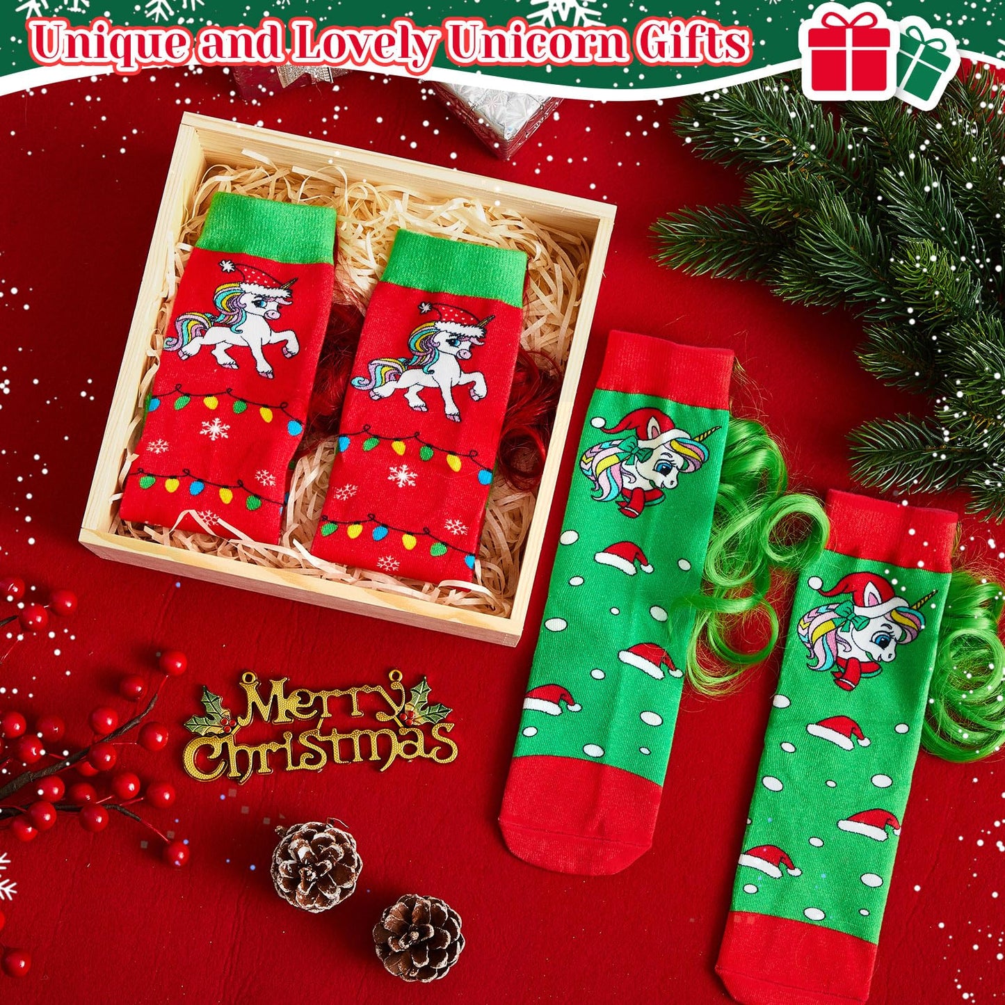 Tarpop 2 Pairs Crazy Funny Silly Socks for Girls Woman Wacky Socks with Wigs Novelty Crazy Funny Gift for Christmas(Christmas Unicorn,Medium)