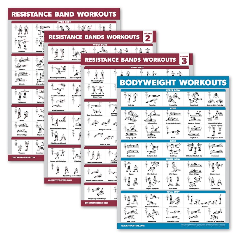 Palace Learning 4 Pack - Resistance Bands Workout Posters Volume 1, 2 & 3 + Bodyweight Exercise Chart (LAMINATED, 18" x 24")