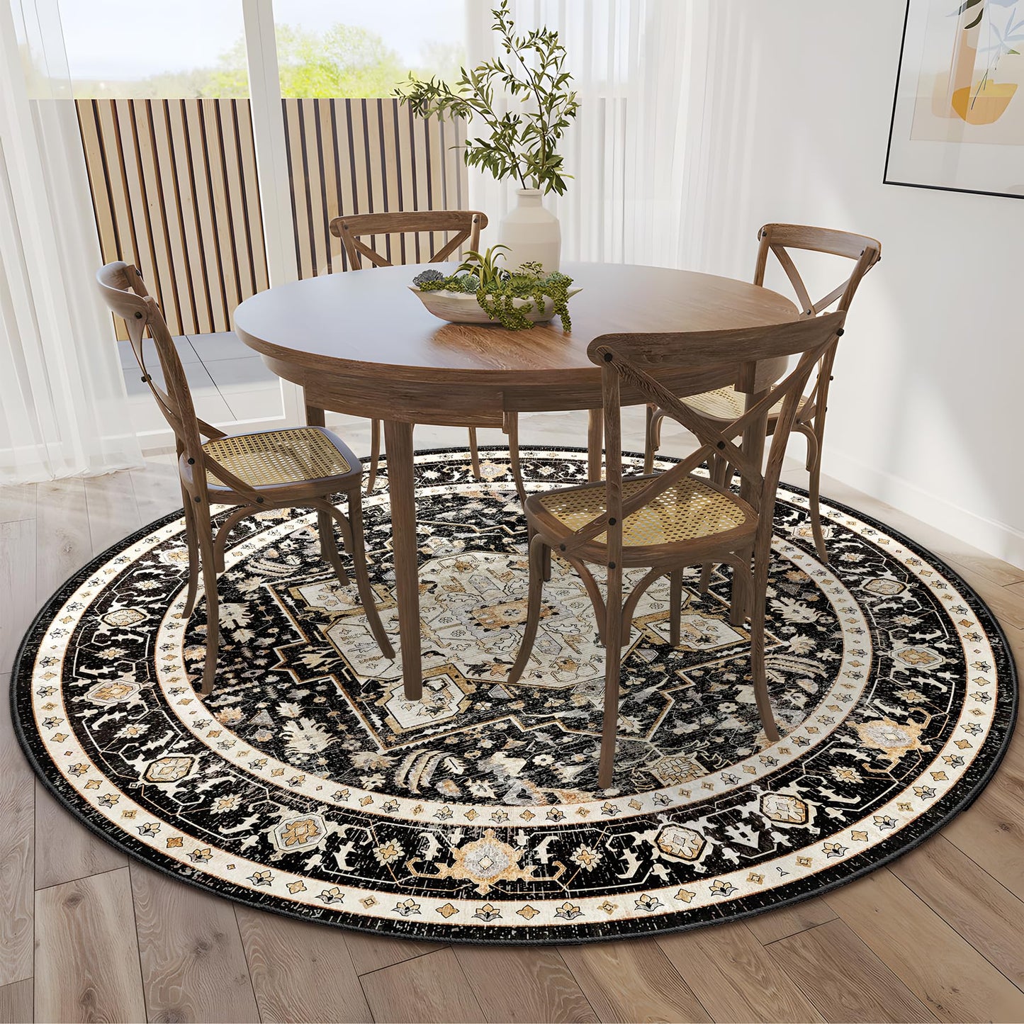 MUJOO Round Rugs 6ft,Black Circle Area Rug Washable,Boho Circular Rugs for Living Room Bedroom,Large Non Slip Throw Carpet Vintage Soft Black and Gold Floral