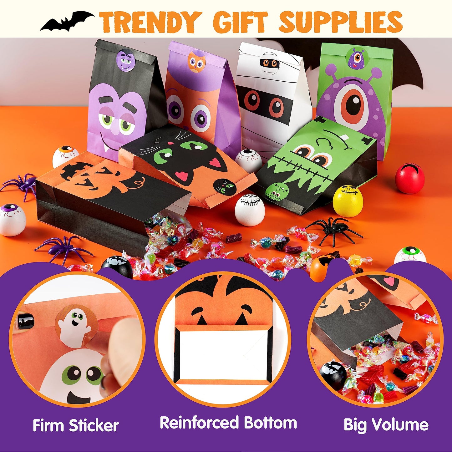 JOYIN 60 PCS Halloween Treat Bags, Goodie and Candy Bags with Stickers Party Supplies Trick or Treat for Kids Halloween Party Favors Exchange, Holiday Pastries Supplies
