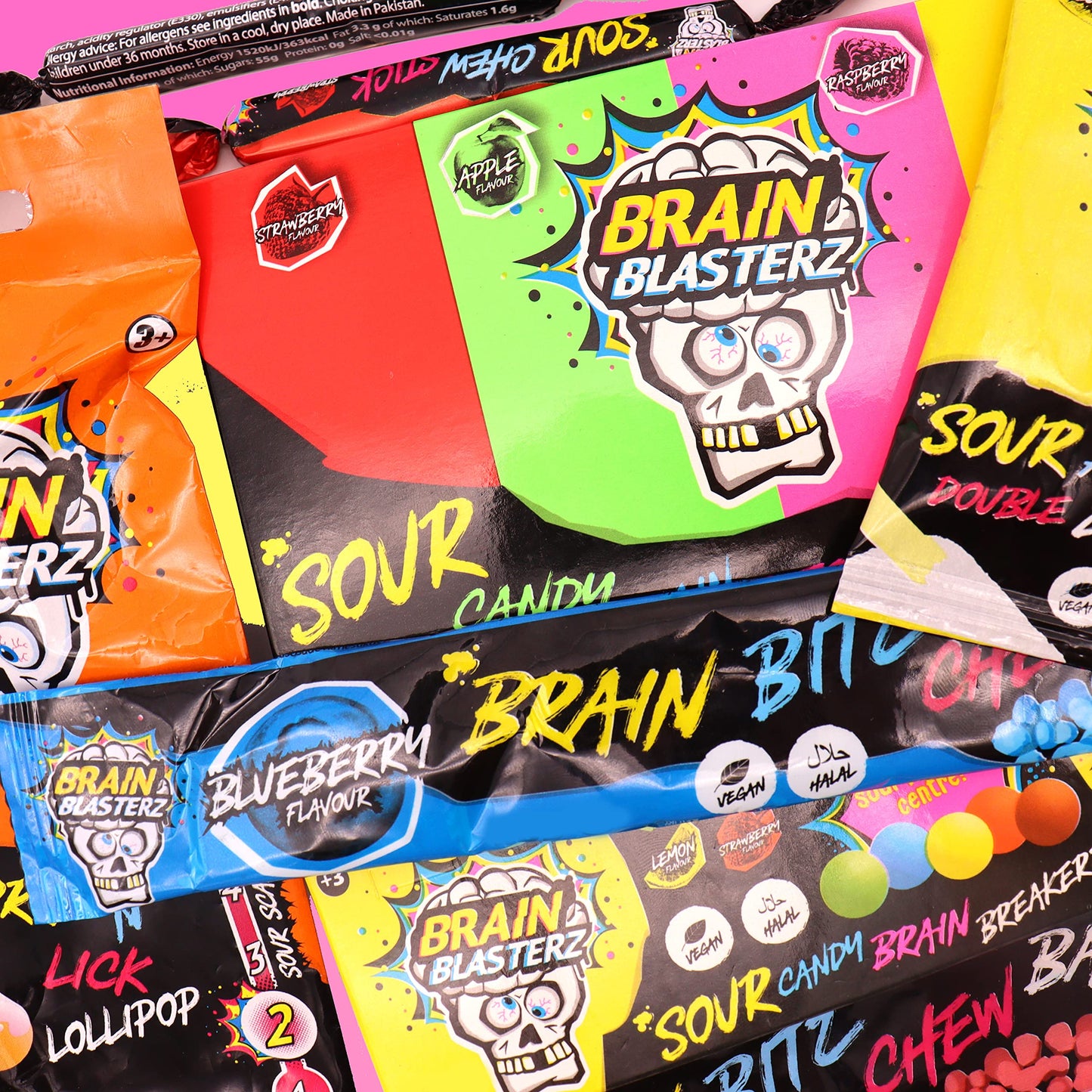 Brain Blasterz TREAT Sour Candy Variety Pack, Vegan Candy, Sour Chew Bar, Halal Candy, Sour Candy Gift Box w/ 15 pcs (13oz), Unique Candy Variety Pack, Lollipop, Sour Powder, Taffy, Halloween Candy