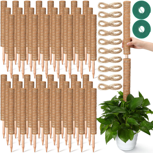 Yinder 50 Pcs Moss Pole for Plants Monstera Plant Support 16.5 Inch Coir Poles Bendable Monstera Plant Support with 10 Pcs 6.56 Feet Jute Rope and 2 Pcs 6.56 ft Garden Tape for Climbing Plants Growth