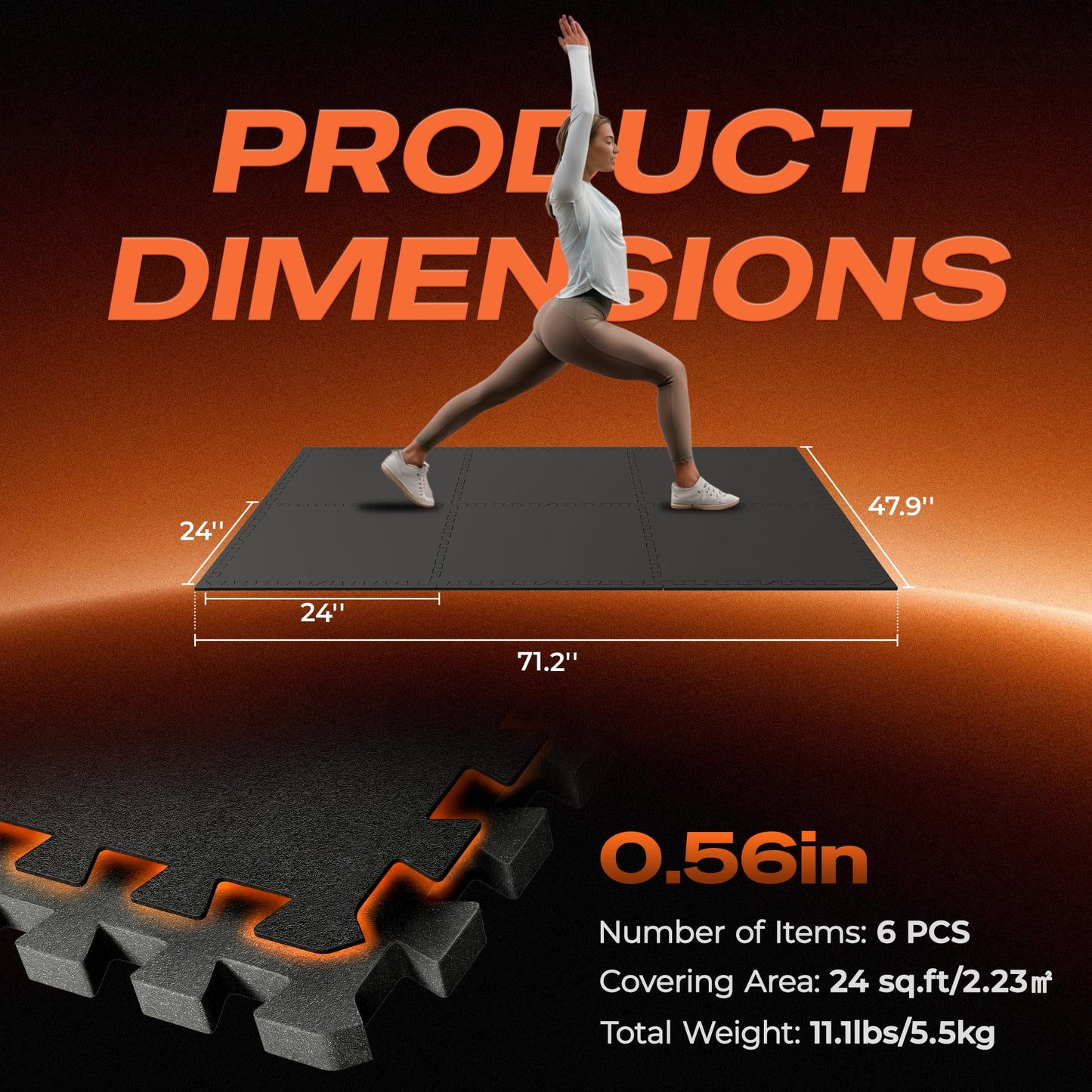 SUPERJARE 0.56'' Thick Rubber Top Exercise Equipment Mats, High Density EVA Foam Mats with Rubber Top, Interlocking Gym Flooring for Home Gym, Protective Workout Mat
