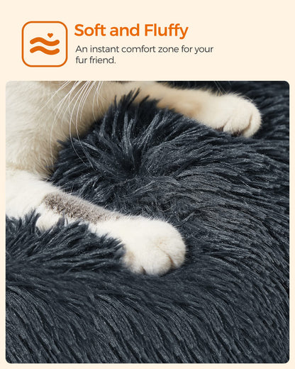 Feandrea Fluffy Dog Bed, Cat Bed, Doughnut Cushion, Washable, Removable Padding in The Centre, Long Plush, 60 cm Diameter, Dark Grey PGW038G02