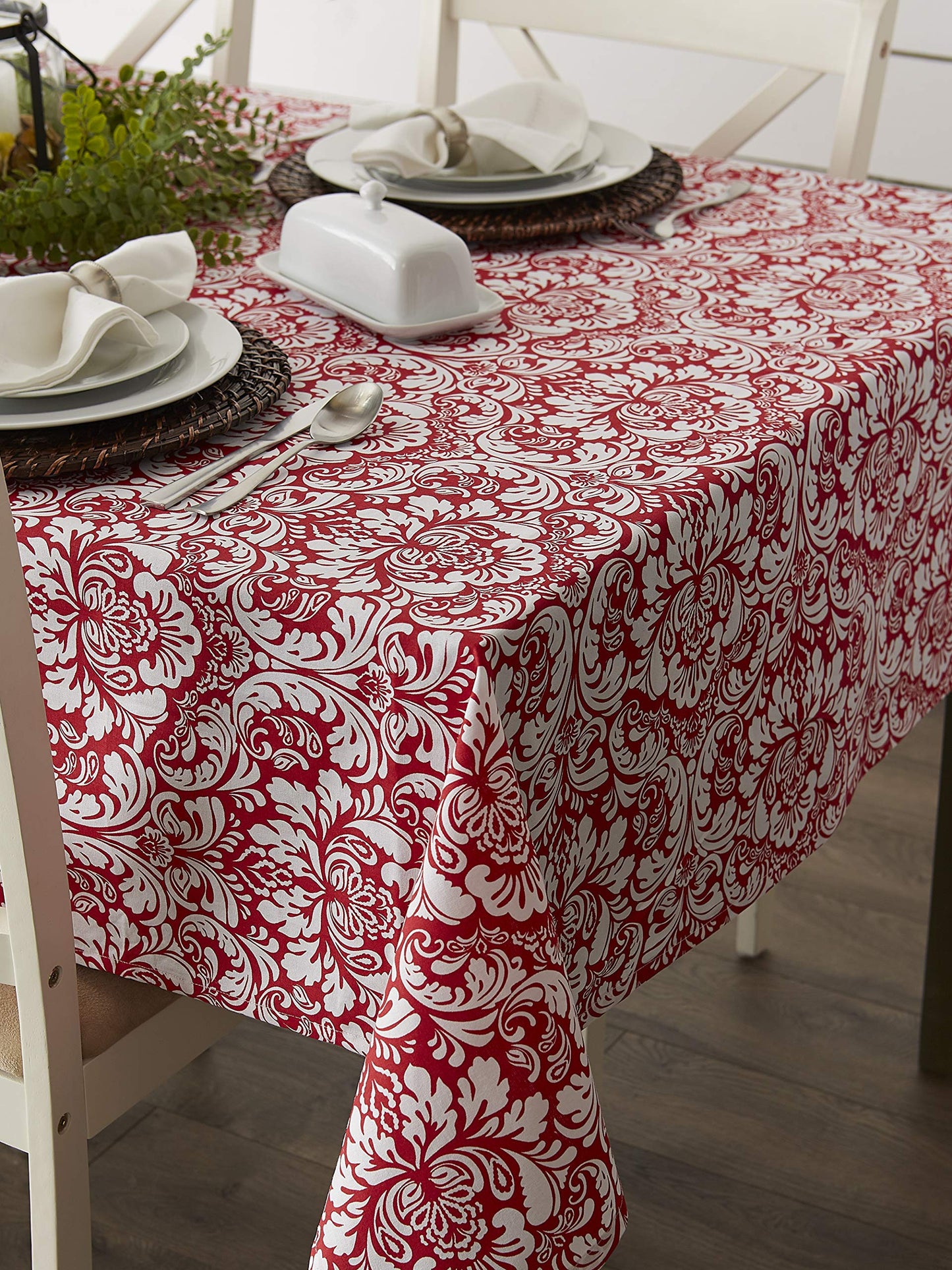DII 100% Cotton, Machine Washable, Everyday Damask Kitchen Tablecloth for Dinner Parties, Summer & Outdoor Picnics - 60x84 Seats 6 to 8 People, Tango Red