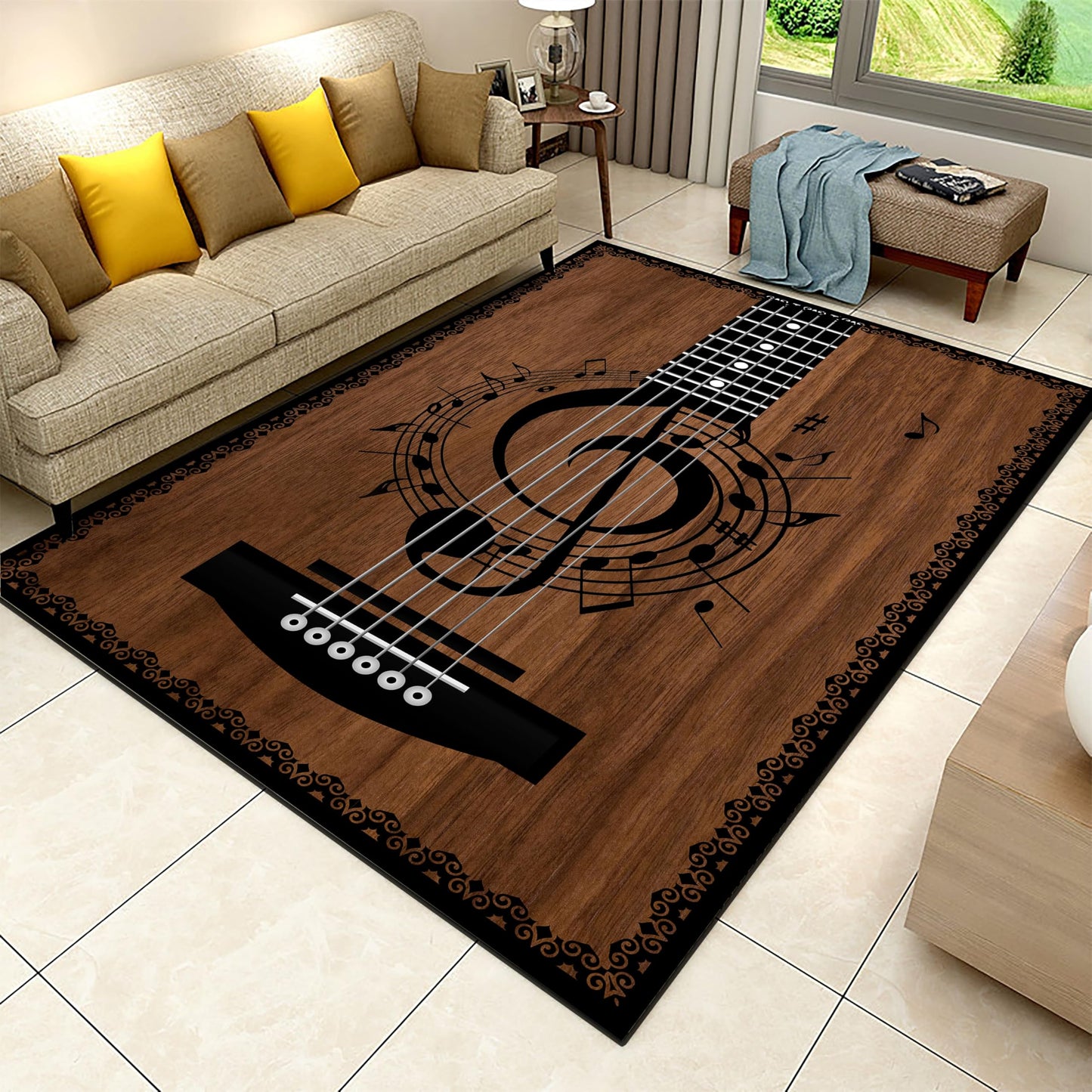 Acoustic Guitar Kids Rugs, 5x8ft, Vintage Instrument Music Guitar Carpet, Anti-Skid Durable Reduce Noise Kids Rugs, Printed Fade Resistant Rubber Backed Thin Mat for Nursery Entrance
