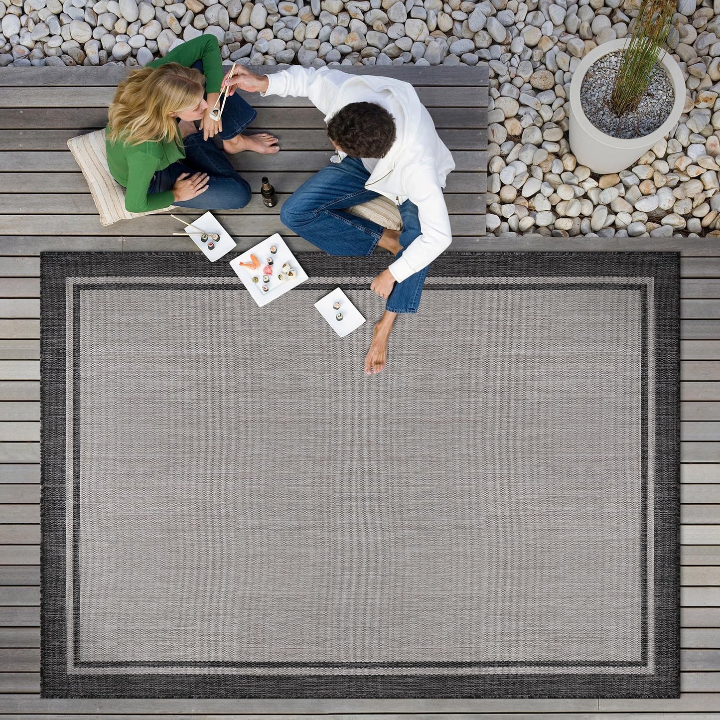 CAMILSON Indoor Outdoor Rug, 6x9 Bordered Gray Modern Area Rugs for Indoor and Outdoor Patios, Kitchen and Hallway Mats, Washable Porch Deck Outside Carpet (Bordered Grey, 6 x 9)