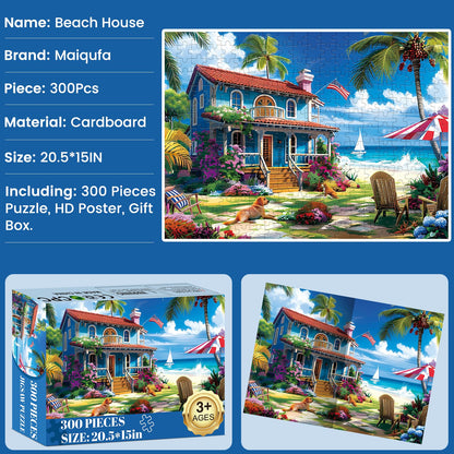 300 Pieces Puzzle for Adults | Beach House Puzzle | Recycled Cardboard Large Piece Jigsaw Puzzles 300 Pieces | Challenging Game Home Decor Birthday Party Gift Toy for Adults Kids Seniors 20.5*15 inch