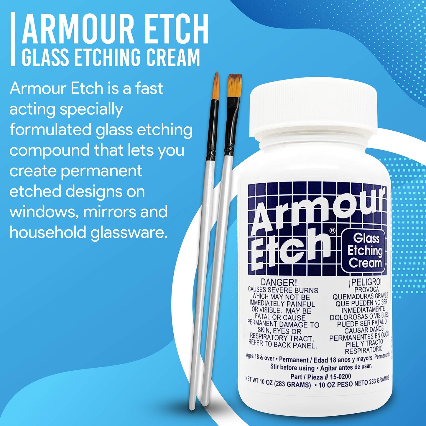 Armour Etch Glass Etching Cream Kit - Create Permanently Etched Designs - 10oz Net Weight - Bundled with Moshify Application Brushes