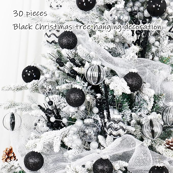 SY Super Bang 30PCS Black Christmas Ornaments Set, 60MM/2.36" Clear Plastic Shatterproof Ball Ornaments for Christmas Tree Hanging Decorations, for Home Holiday Party Xmas Decor.