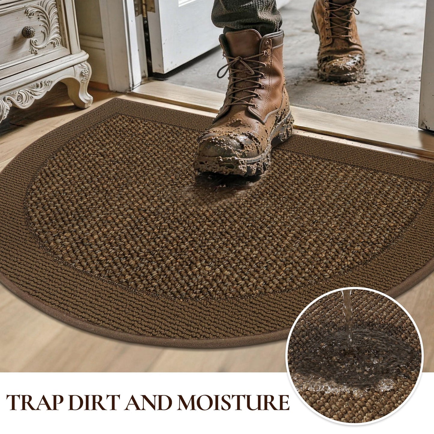 FLOORHUG Half Circle Door Mat Indoor Entrance Welcome, Non-Slip Washable Doormat, Trap Dirt and Moisture, Low Profile Mats for Indoor Entry, 24"x36", Brown
