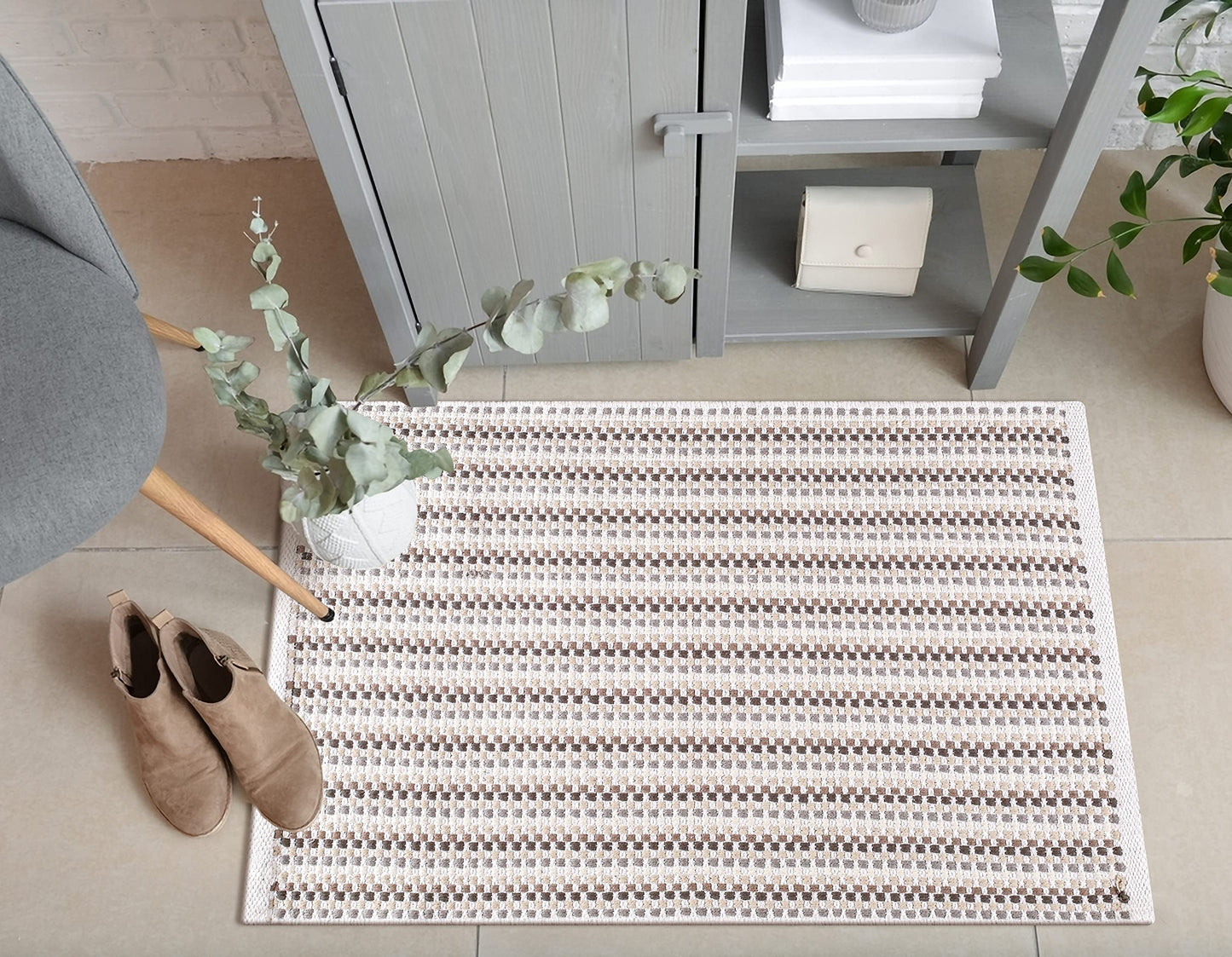 Cotton Chalk Stripe Woven Area Rug 2x3 Feet - Grey Beige, Farmhouse Soft & Durable Decorative Washable Floor Rugs Ideal for Entryway, Bedroom, Kitchen | Linen Small Nersery Space Reversible Door Mats