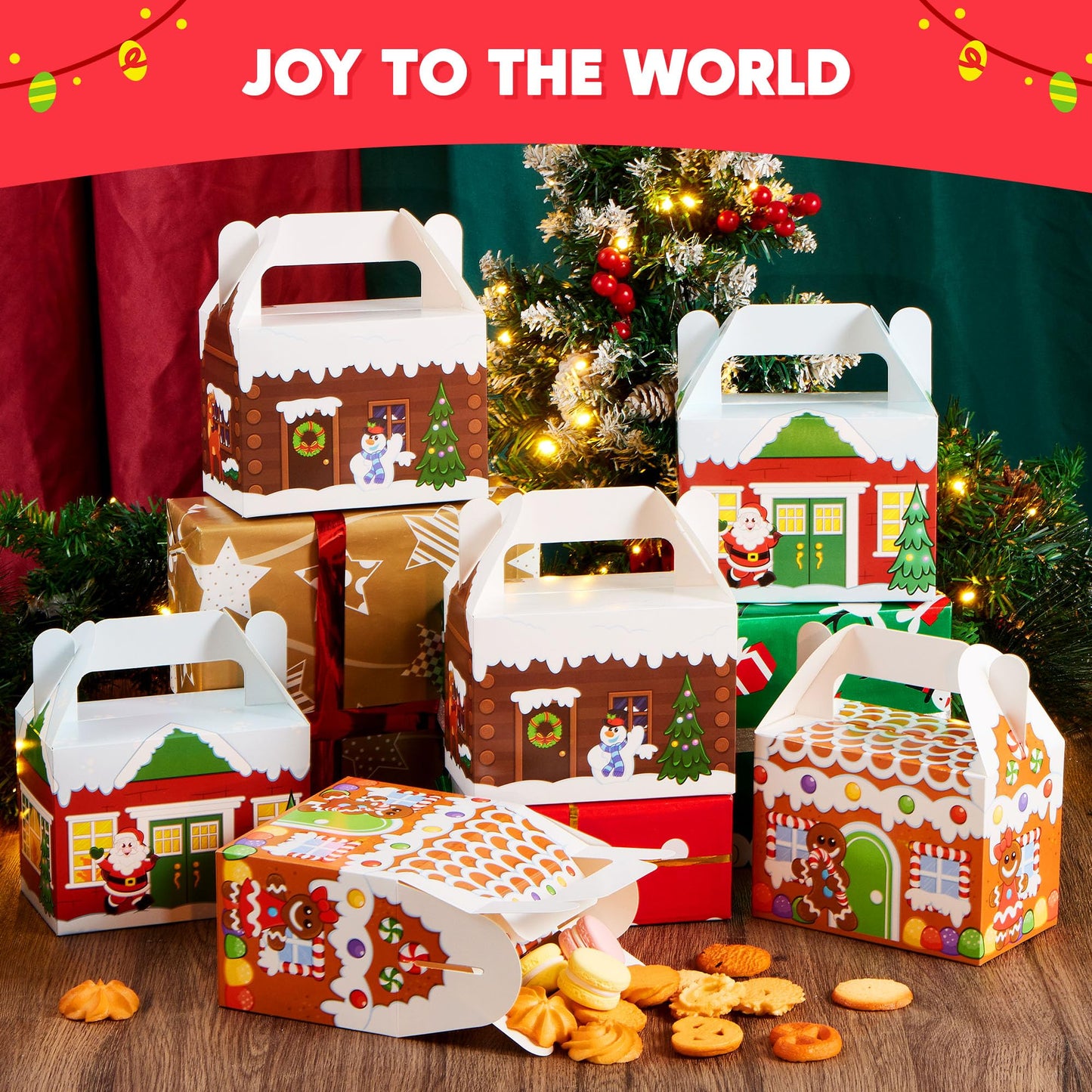 JOYIN 24 PCS 3D Christmas House Cardboard Treat Boxes for Holiday Xmas Goody Gift, Goodie Paper Boxes, School Classroom Party Favor Supplies, 4 Designs Candy Treat Cardboard Cookie Boxes