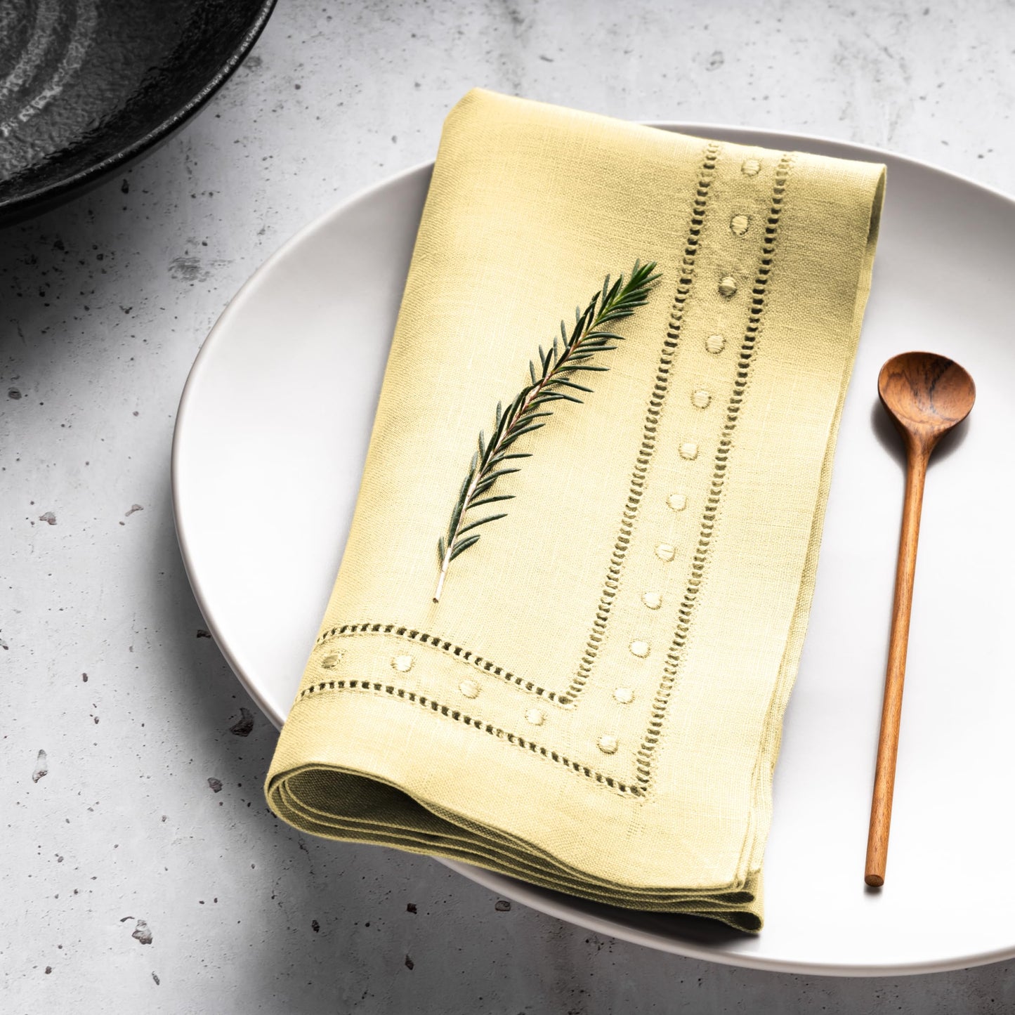 Linen Napkins 18 x 18 inch - 100% Flax Linen Yellow Dinner Napkins with Embroidered Dot 18 x 18 inch - Hemstitch Cloth Napkins Washable for Summer