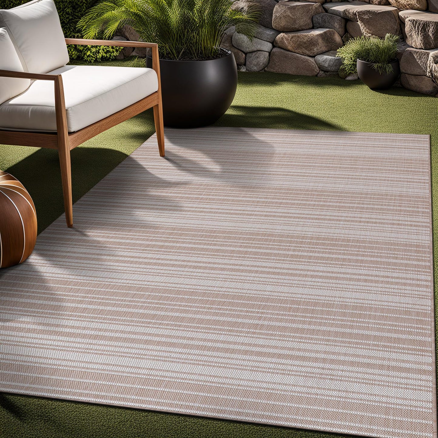 Luul Home Stripe Outdoor Rug 8x10 Washable Outside Carpet for Indoor Patio Porch Waterproof Easy Cleaning Non Shedding Area Rugs Beige 8 x 10