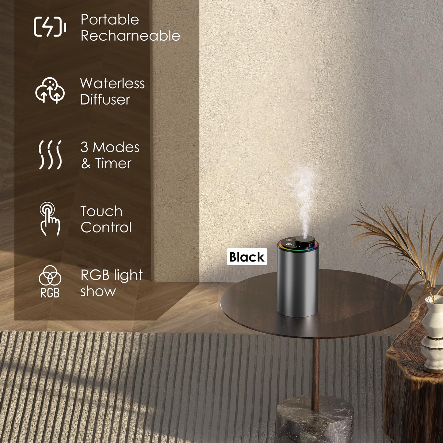 Waterless Essential Oil Diffuser, Diffuser,Portable Aromatherapy Diffuser,Light Show,3 Countdown Timers & 3 Mist Levels for Home, Room, Car, Office (Black)